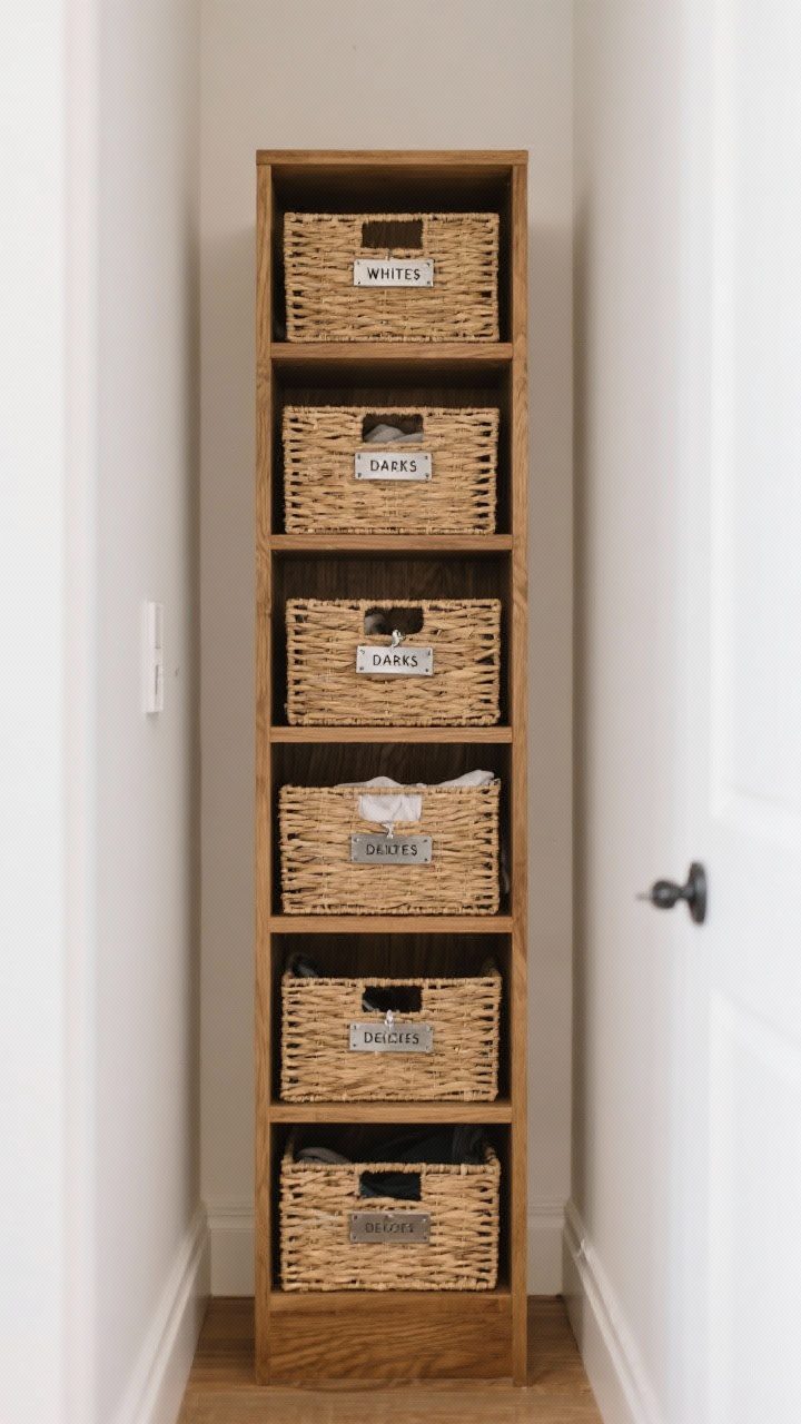 Straight-on medium shot of a vertical cubby shelf unit fitted with woven slide-in baskets labeled Whites, Darks, and Delicates using clip-on metal tags; narrow laundry nook with white walls, warm wood tones, and a space-saving tall configuration; natural, even lighting highlighting tidy organization.