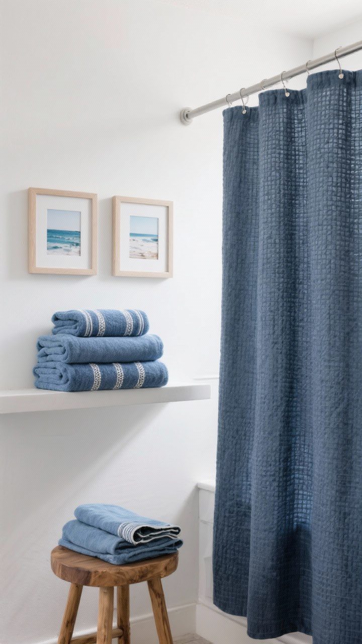 Straight-on medium shot of finishing touches: a slate-blue linen waffle-weave shower curtain, neatly stacked blue towels mixing solids with subtle stripes and an embroidered edge on an open shelf, and a pair of small framed coastal photographs above; simple white walls, natural wood stool with folded chambray towel, soft flattering 2700–3000K lighting for a luxe, layered look.