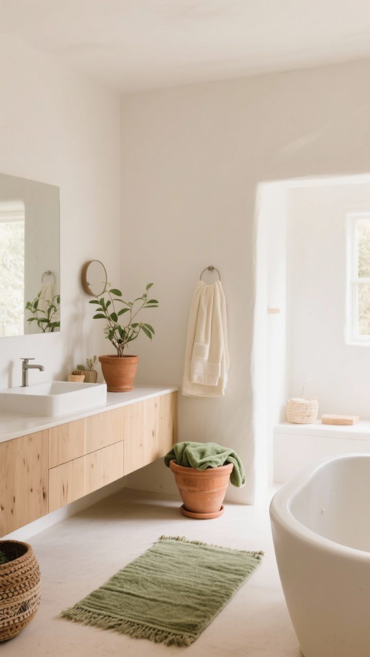 Wide room shot in soft neutrals with earthy pops: warm white walls, light wood vanity, cream towels; accents of terracotta planters and olive green towels, a sage bath mat; airy, calm mood with diffuse daylight; minimal decor, clean lines, boho textures; no people.
