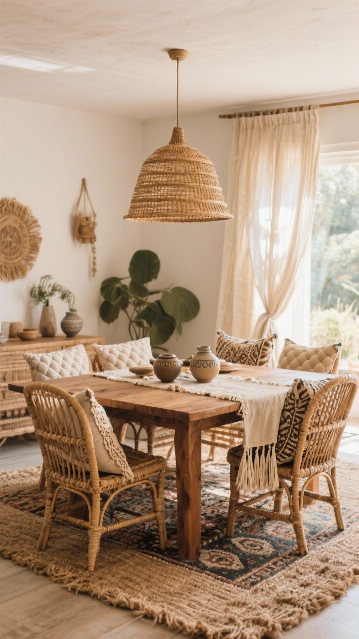 Wide shot: A boho dining room layered with textures—woven rattan dining chairs around a warm wood table, chunky jute rug as the base with a smaller patterned rug layered on top, sheer linen curtains, a rattan pendant light overhead, and a fringed table runner; add tufted patterned cushions with tassels on chairs, ceramics on the table; soft warm natural daylight for a cozy, collected mood.