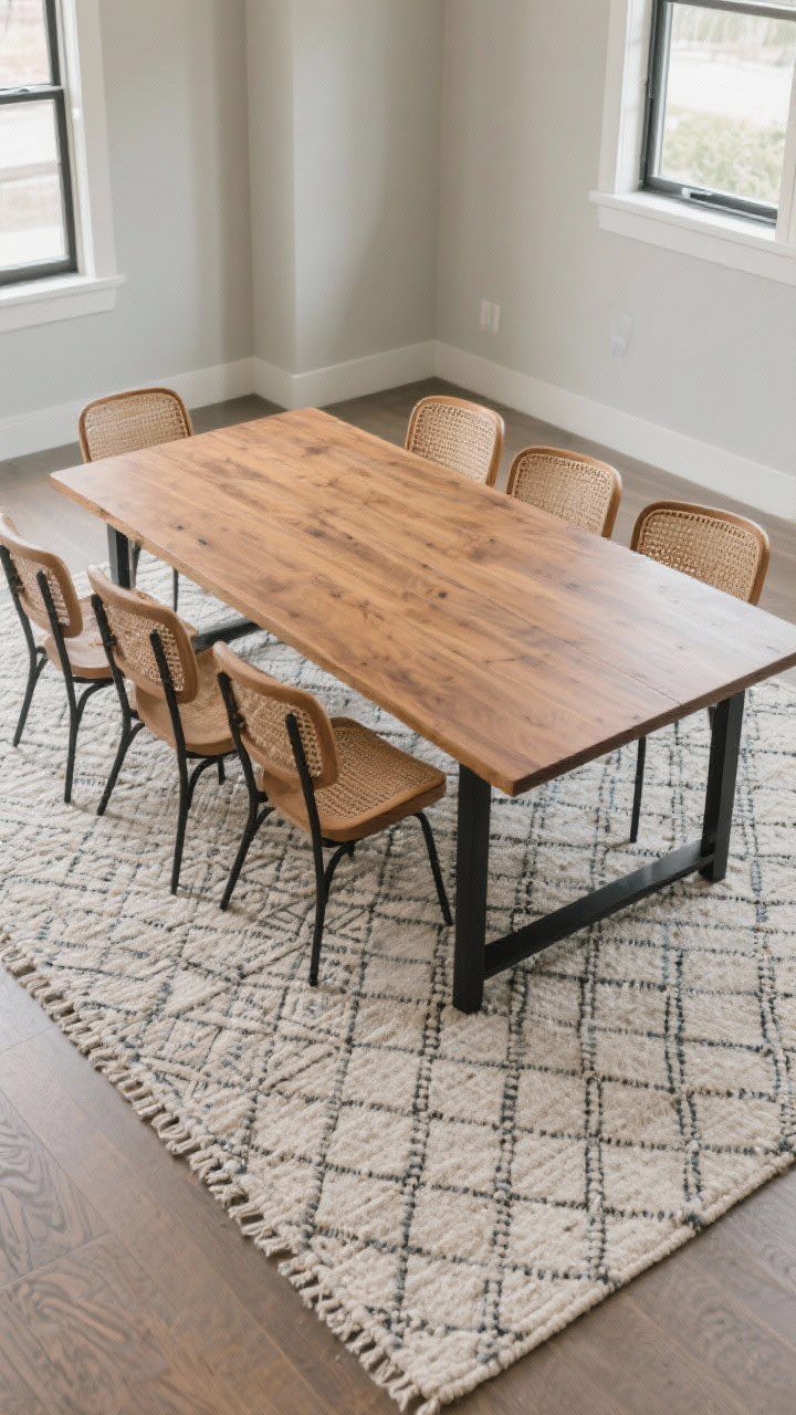 Wide shot: A dining zone anchored by a large low-pile, flatweave rug in a subtle geometric pattern, sized so all chairs remain fully on the rug even when pulled out (24 inches clearance on all sides); warm wood table with black metal legs, light greige walls, natural light; material emphasis on a washable, indoor-outdoor texture; corner angle to show the rug’s perimeter and chair spacing.