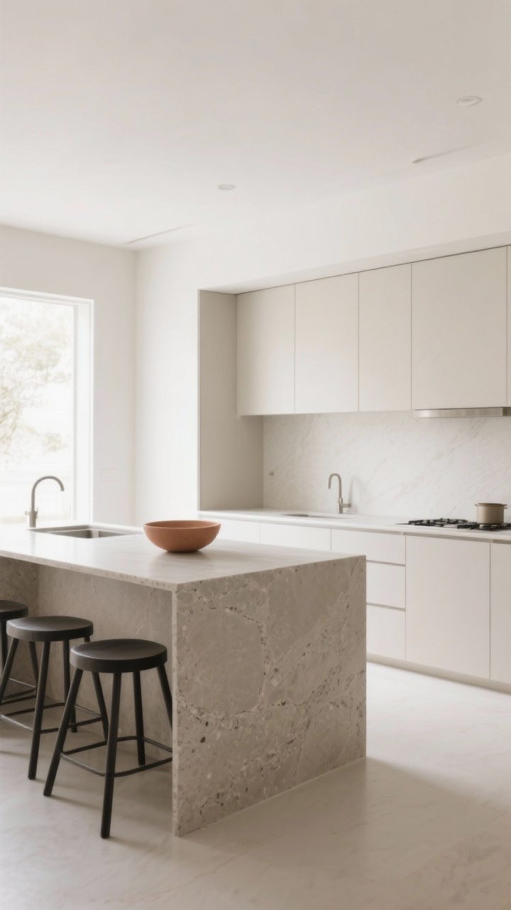 Wide shot: A minimalist kitchen bathed in soft daylight with a cohesive calm palette—dominant creamy white walls and flat-front cabinetry, supporting warm greige island base, and a subtle muted clay accent bowl on the counter; matte finishes throughout, honed stone countertops, and charcoal barstool legs for gentle contrast; straight-on view, photorealistic, serene and spacious.