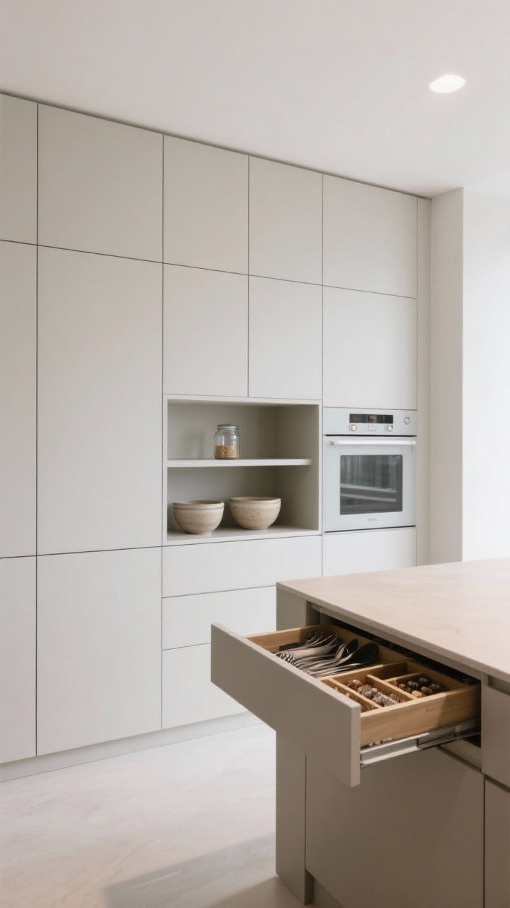 Wide shot: A minimalist kitchen wall of full-height closed pantry cabinets concealing appliances and supplies, with a single open shelf displaying two ceramic bowls and a glass jar; island with bare countertop; drawer slightly open revealing organized utensil trays and spice dividers; corner angle, bright even lighting emphasizing clutter-free surfaces.