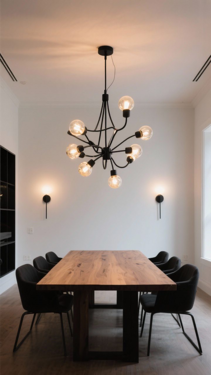 Wide shot: A modern dining room centered under a sculptural black metal chandelier with globe bulbs, hung 32 inches above a simple wood table; dimmable warm lighting set to a soft evening glow; clean white walls, black accents, and an uncluttered table to emphasize the statement light; scale-appropriate large fixture in a medium-large room, viewed straight-on to showcase symmetry and mood.