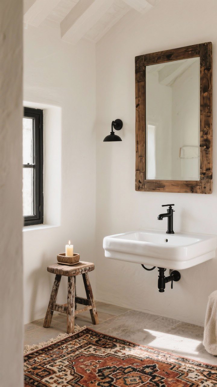 Wide shot blending vintage and new: modern matte black fixtures and a clean white sink paired with a small vintage Persian or kilim rug on the floor, a salvaged wood-framed mirror above, and a worn wooden stool repurposed as a bath side table holding a candle and caddy; warm daylight, layered textures; no people.