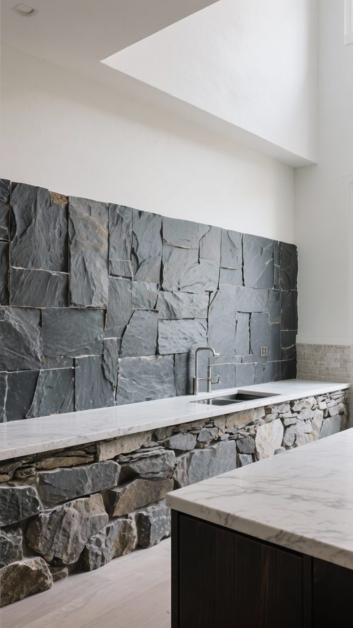Wide shot: Bold, uninterrupted backsplash—large-format sheeted stone running from counter to upper line with minimal seams, matched to the countertop for cohesive flow; alternative wall area shows a 6-inch stone riser with painted plaster above; straight-on, crisp, photorealistic lighting with minimal glare.