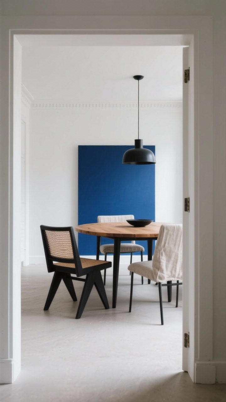 Wide shot: Calm neutral palette with one bold moment—soft white walls, warm wood table, matte black accents, and a single deep blue accent wall behind the dining setup; subtle linen textures on chairs, a cane-backed chair at one end for interest; one dramatic, saturated pop via the wall color; balanced daylight and a slightly moody feel, shot from the doorway to frame the contrast.