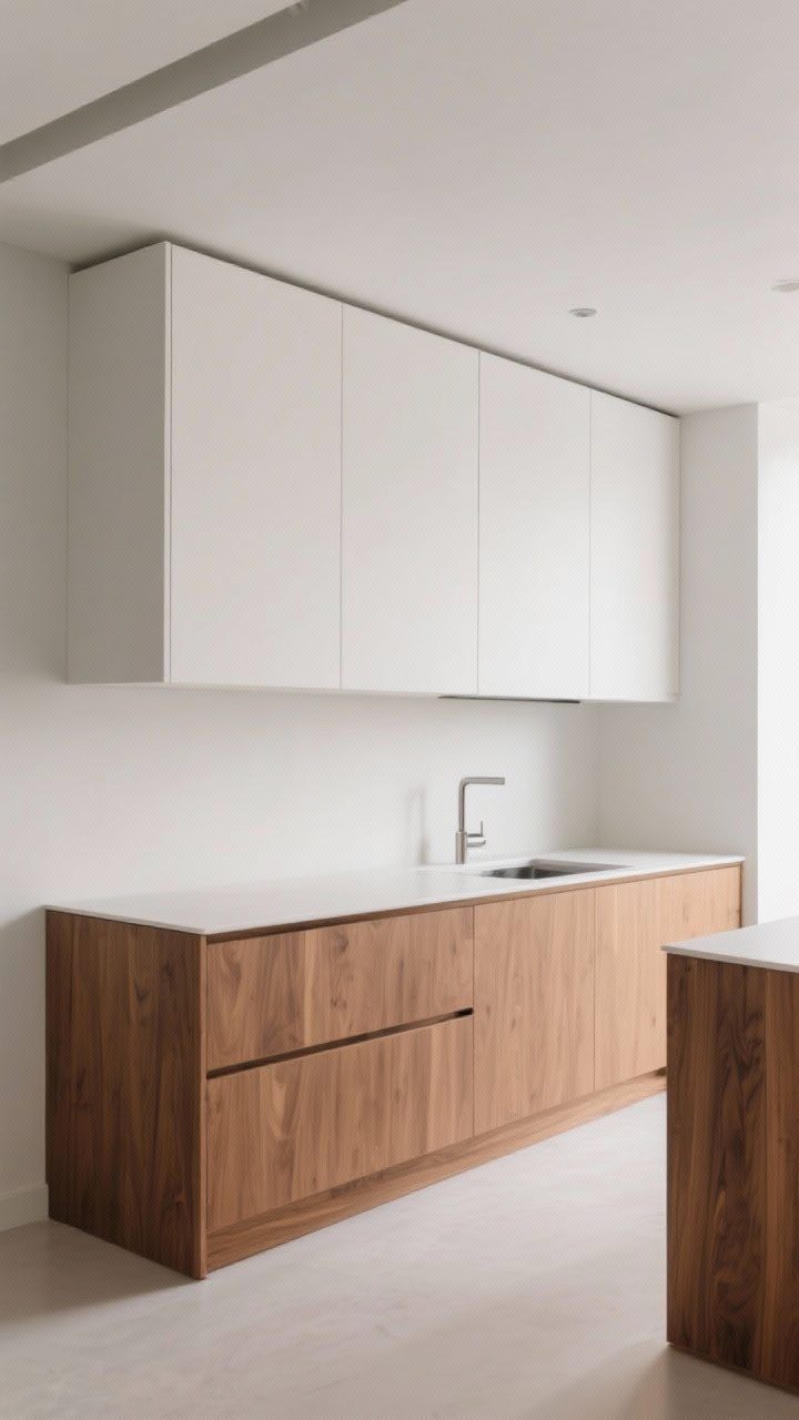 Wide shot: Flat-front minimalist icon—upper cabinets in matte white, base cabinets in warm natural wood veneer; recessed toe kicks creating a floating effect; durable laminate panels near the sink zone; straight-on gallery-like composition with clear lines and balanced contrast.