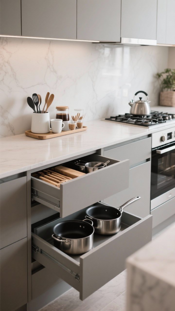 Wide shot: Functional zones designed for daily rituals—clearly defined coffee/tea station with cups, spoons, and sweeteners in the top drawer beneath, prep tools stored in the drawer closest to the cutting area, pots and pans in deep drawers beside the stove; surfaces reset and clear, straight-on composition conveying efficient calm.