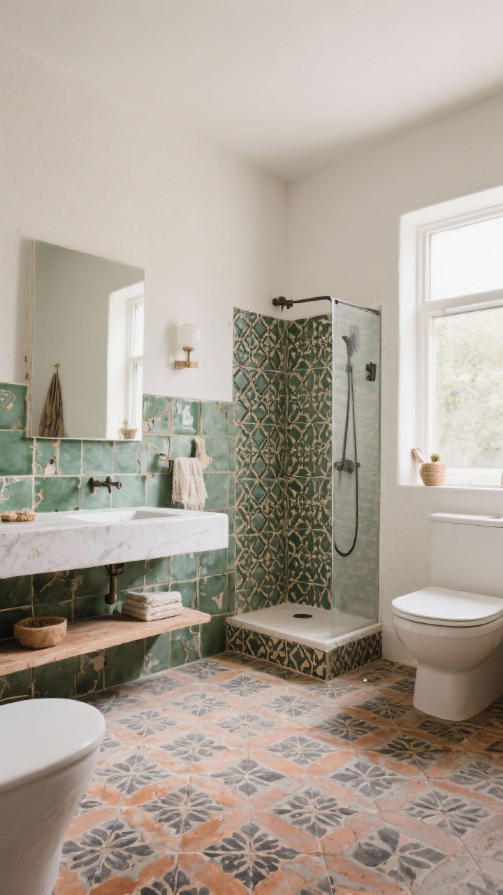 Wide shot of a boho bathroom highlighting personality tiles: handmade green-gray zellige backsplash with glowy imperfections behind the vanity, Moroccan-inspired patterned cement floor tiles in muted terracotta and charcoal, and a bold peel-and-stick motif accent in a shower niche; neutral walls, minimal accessories; bright, even daylight; no people.