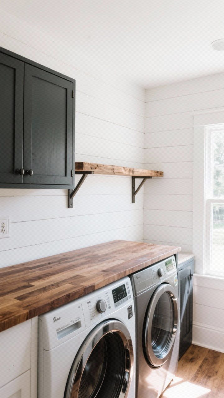 Wide shot of a bright farmhouse laundry room with crisp white shiplap walls and a warm walnut-stained butcher-block countertop spanning over front-load machines; include a single rustic raw-wood floating shelf, matte black cabinet hardware, and soft natural daylight; show cozy contrast between clean whites and warm wood, minimal decor for a custom-yet-simple look.