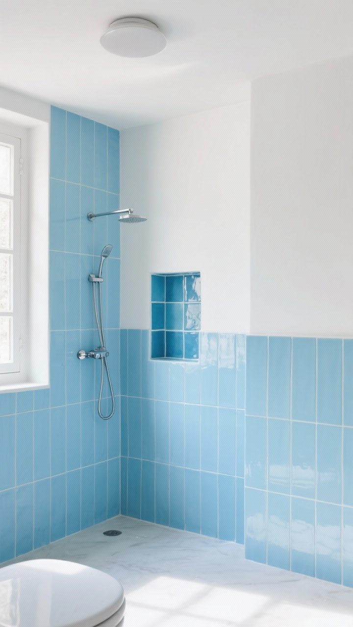 Wide shot of a bright, spa-like bathroom featuring glossy sky-blue zellige tiles vertically stacked on the shower walls, a light grout with thin lines, a half-height sky-blue tiled wainscot around the room, and a recessed niche with slightly varied shades of blue tiles for a handcrafted feel; soft morning light, airy atmosphere, neutral white ceiling and fixtures.