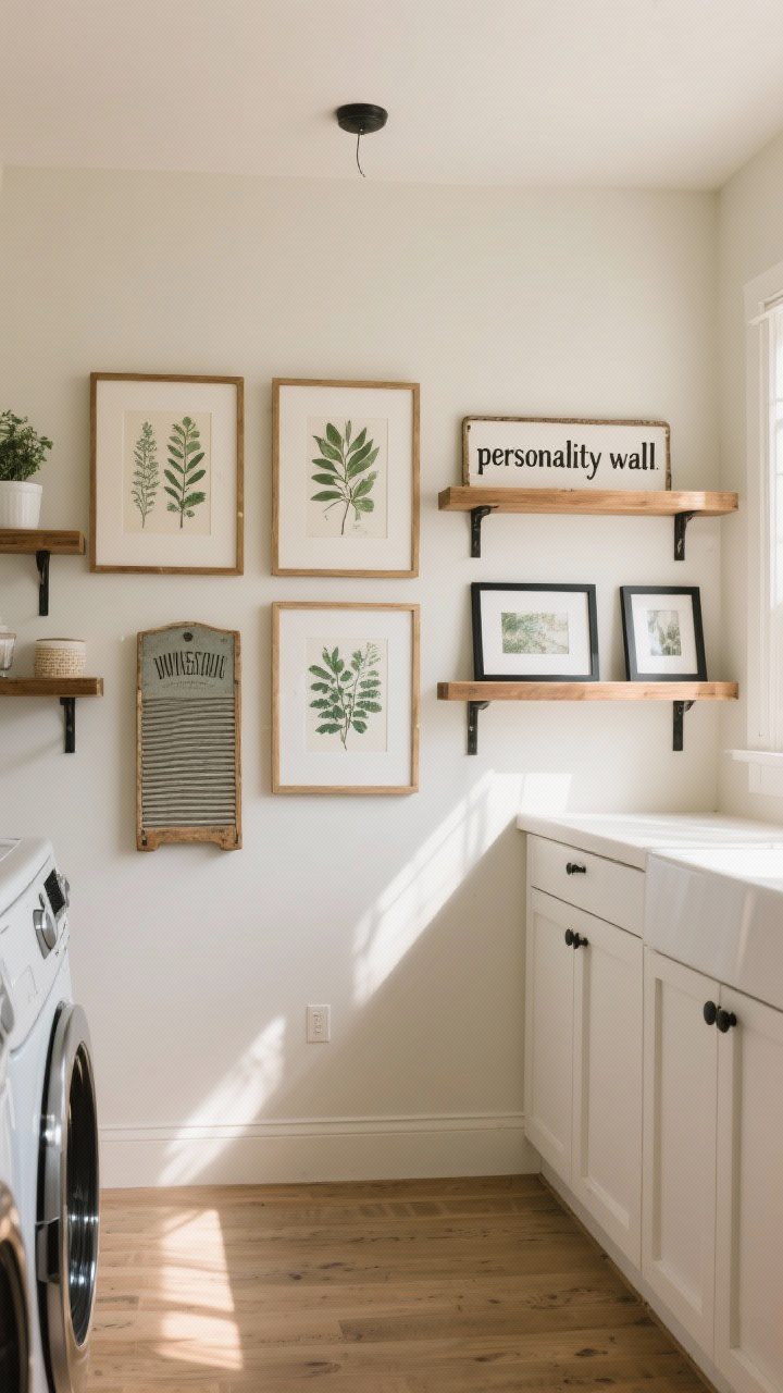 Wide shot of a “personality wall” in the laundry: a calm, edited gallery with botanical prints, a framed vintage washboard, a quirky sign, and a mix of wooden and black frames; ledge shelves for easy art swaps; one focal wall with the rest left open and airy, warm natural light.