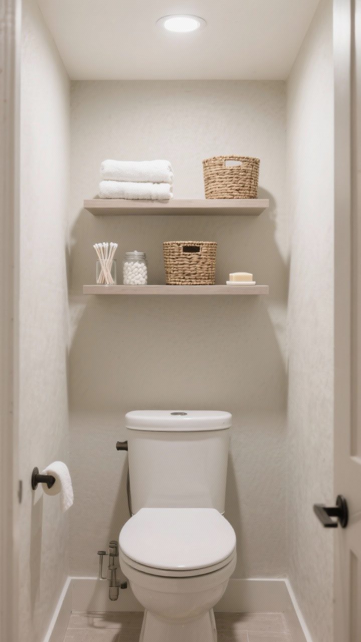 Wide shot of a small bathroom with floating shelves above the toilet, kept to 6–8 inches deep; shelves styled with folded towels, cotton swab jars, closed woven baskets, and extra soap; light neutral wall, matte textures, and a soft overhead light; composition avoids head clearance issues, creating airy negative space around the toilet.
