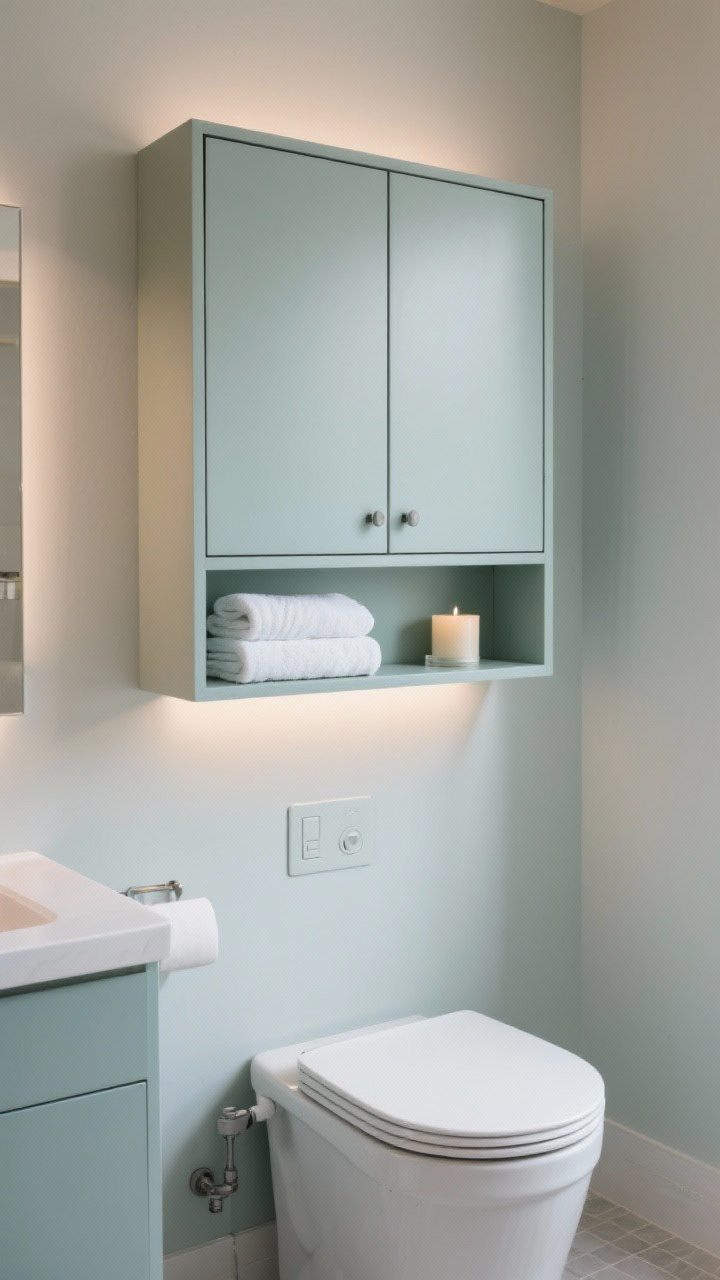 Wide shot of a wall-mounted over-the-toilet cabinet that matches the vanity color for a custom built-in vibe; soft-close doors closed up top hiding essentials, open shelf below displaying neatly folded towels and a candle; measured tank clearance evident; cohesive palette, soft ambient lighting for a polished look.