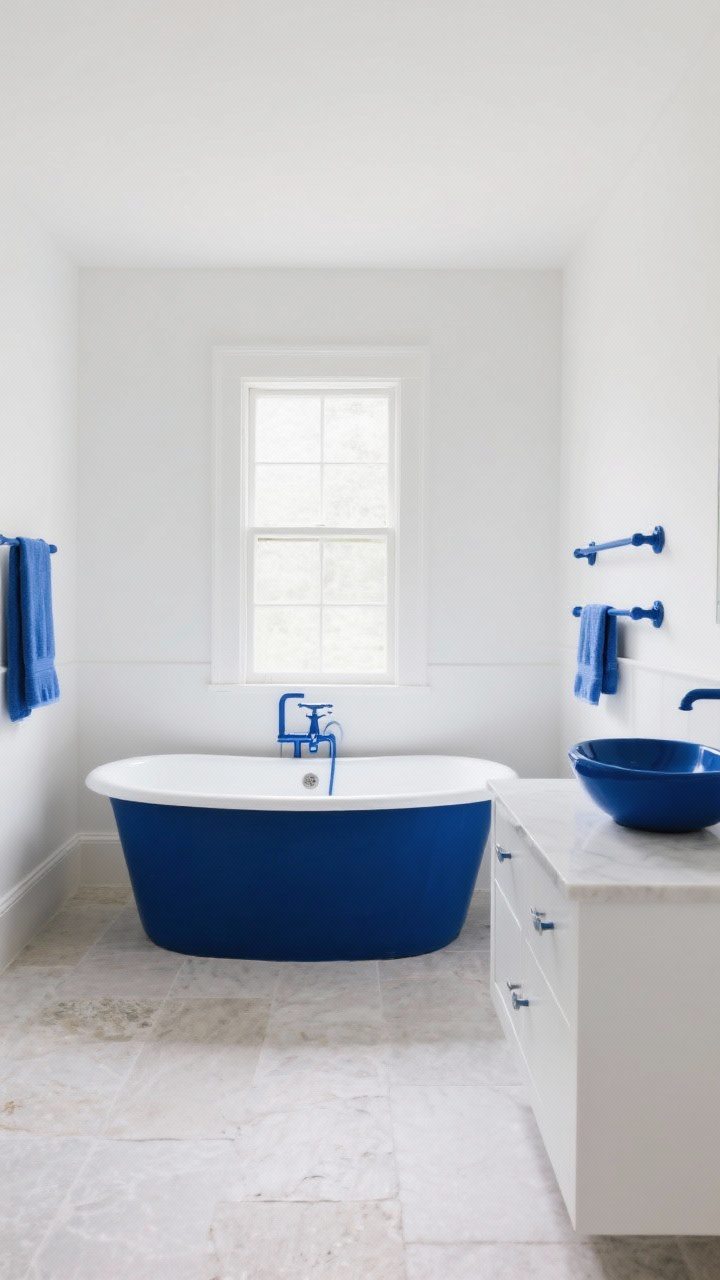 Wide shot showcasing blue fixtures as the focal point: a freestanding tub with a navy-painted exterior centered under a window, an indigo vessel sink on a simple white console, and subtle powder-coated blue towel bars; neutral white walls and light stone floor to keep balance, soft even lighting for a curated, fun yet chic look.