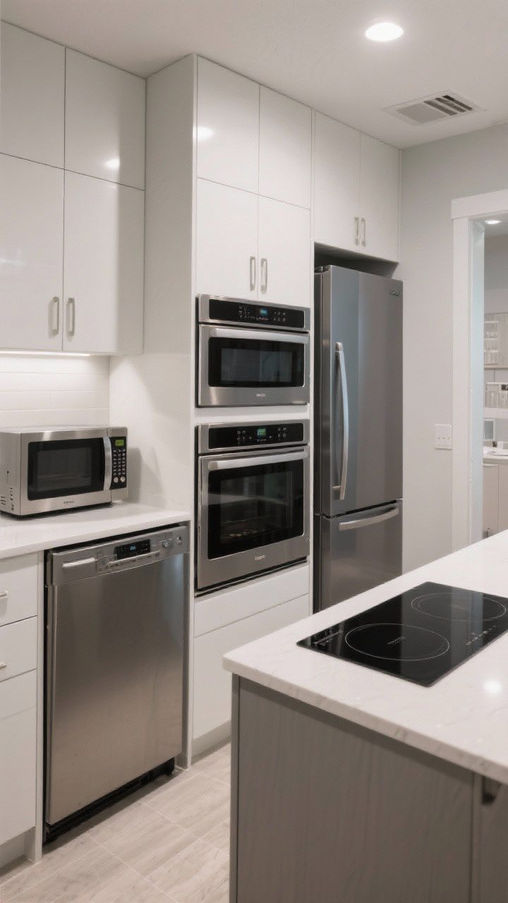 Wide shot: Streamlined, built-in look—panel-ready dishwasher and counter-depth fridge flush with flat-front cabinetry; wall ovens stacked in a tall unit; sleek black induction cooktop sitting perfectly flat on the counter; microwave hidden behind a tall cabinet door; minimal-branding appliances; straight-on hotel-lobby-level tidy vibe with soft, even illumination.