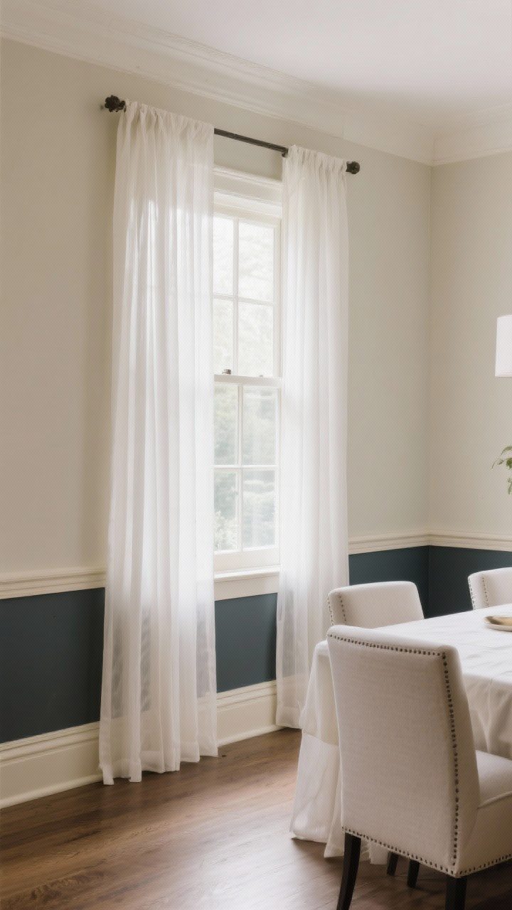 Wide shot: Walls and windows framed with tall, white curtains hung 8 inches above the window and extended wider to make the opening appear larger; a two-tone paint treatment with a deeper color below a chair rail and soft cream above to define the dining zone; layered sheers with blackout panels for day-to-night versatility; natural daylight, straight-on composition emphasizing height and architectural lines.