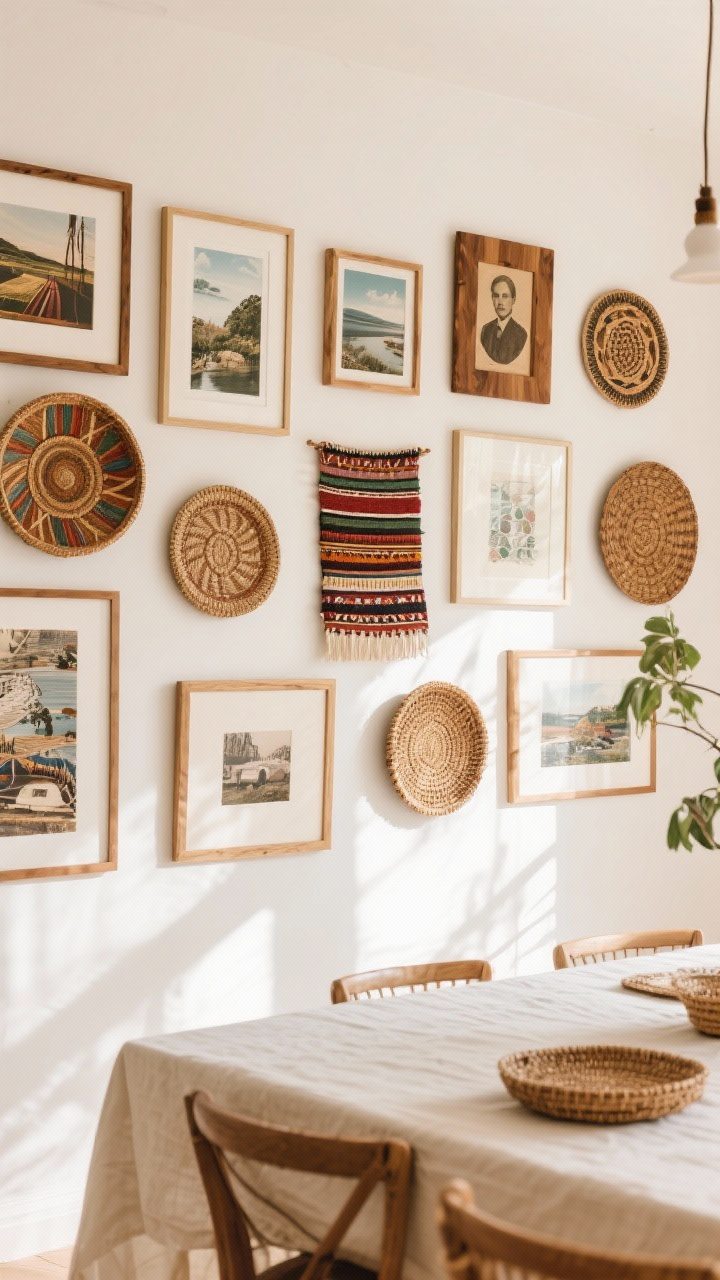 Wide wall shot: A global-inspired gallery wall in a dining room—mix frames in different woods, intersperse woven plates and baskets, and hang a small textile piece among travel prints and a vintage portrait; warm white wall, natural daylight grazing the arrangement to reveal dimension and layered stories.