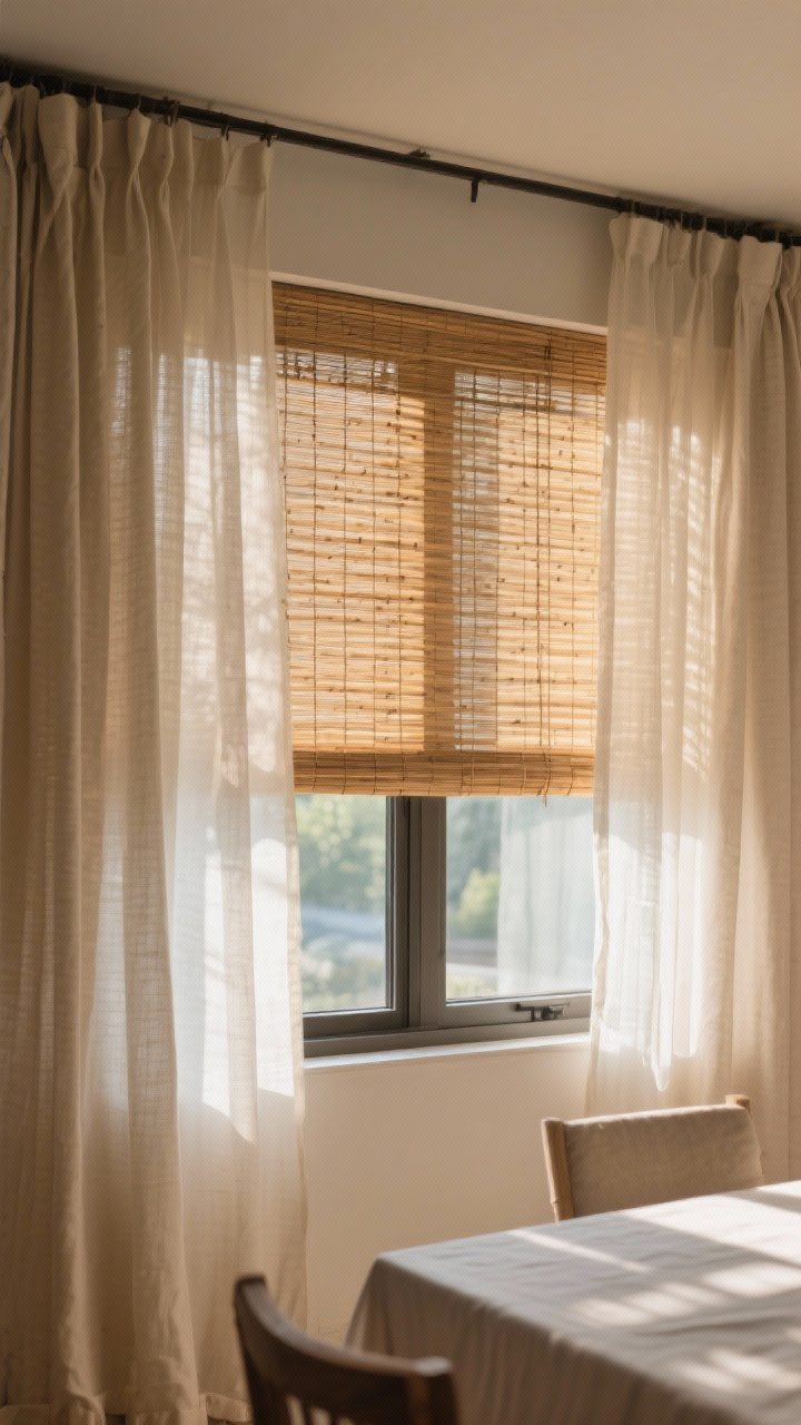 Window-focused medium shot: Soft layered window treatments—bamboo blinds with sheer linen curtain panels hung high and wide to elongate the window; warm neutral fabrics filtering daylight into a serene dining space; subtle shadows and textures visible in the woven bamboo and linen.