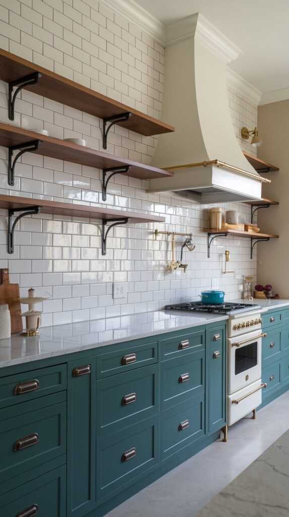 Trendy kitchen with floating shelves