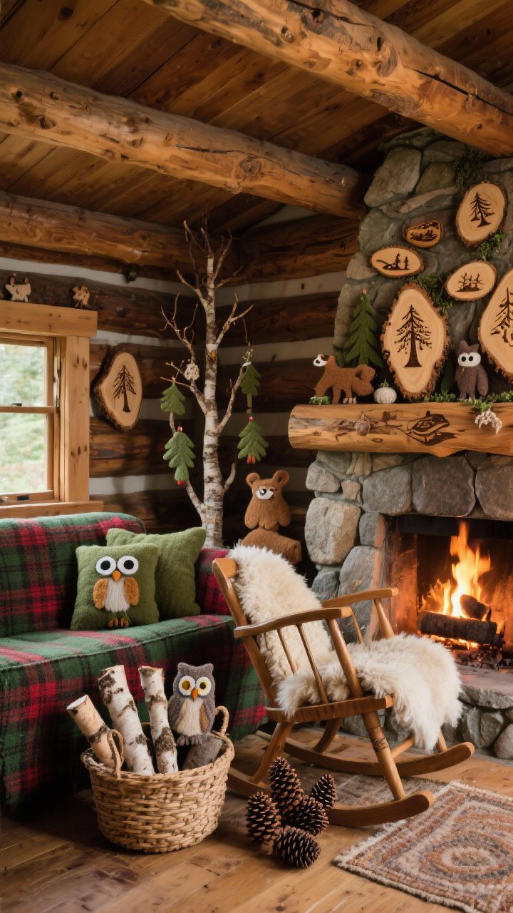 Cozy corner medium shot: Woodland cabin storybook with rough-hewn beams, stone hearth, plaid wool sofa, and a sheepskin-draped rocker; basket of birch logs nearby. Tree ornaments showcase slice-of-branch pieces wood-burned with tiny forest scenes, felted animal figures, and pinecone owls with felt eyes. Forest green, cranberry, and honeyed wood tones; firelight glow and warm ambience.