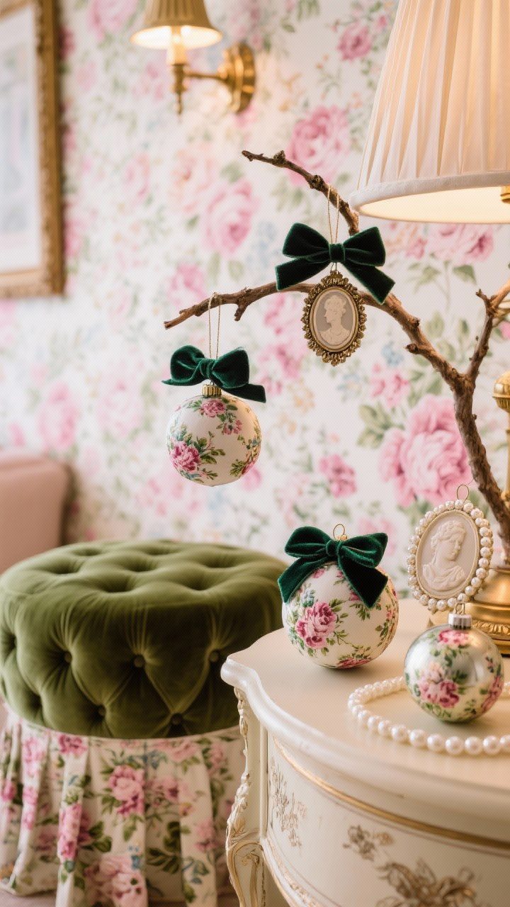 Detail closeup: Grandmillennial vignette of a tufted velvet ottoman beside a skirted side table, floral wallpaper softly blurred in the background; brass picture lights and a pleated lampshade create a gentle glow. Focus on DIY fabric-covered baubles in chintz prints, velvet bow hangers, and pearl-trimmed cameo silhouette ornaments on the tree branch. Color story of rosy pink, emerald, and soft cream; richly layered, feminine, and nostalgic.