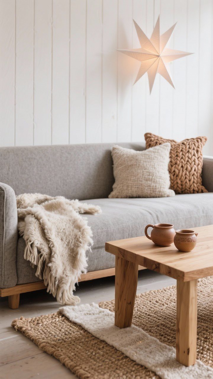 Detail closeup, Scandinavian Hearth Retreat textures: pale white wall and stone-gray sofa edge with sheepskin throws draped, nubbly wool pillows, braided jute rug layered with a smaller wool runner; blonde oak coffee table corner holding a ceramic tea set; paper star lantern softly lit in background; accents of muted clay and cognac visible.