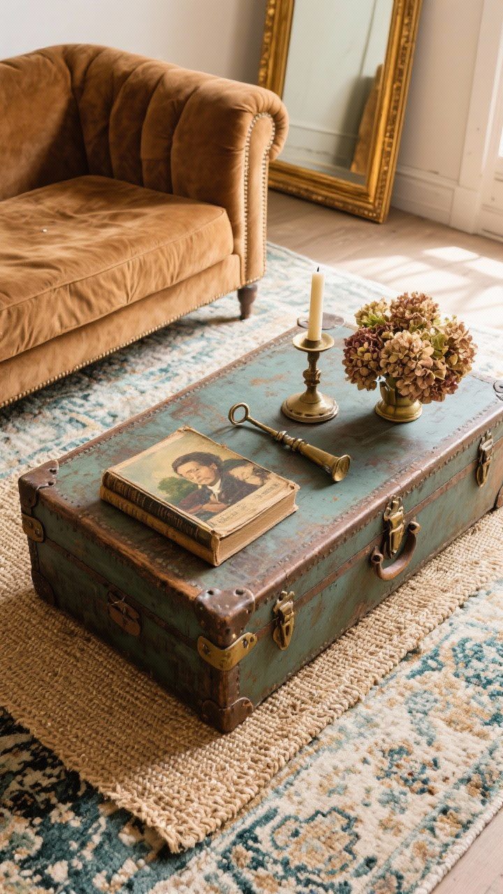 Detail overhead, Vintage Market Mix coffee table styling: camel suede sofa edge visible, thrifted trunk coffee table topped with a candle snuffer, old oil painting book, and dried hydrangeas; layered rug look beneath—faded Persian over sisal; brass-framed mirror catching warm light in the periphery; charmingly mismatched patina.