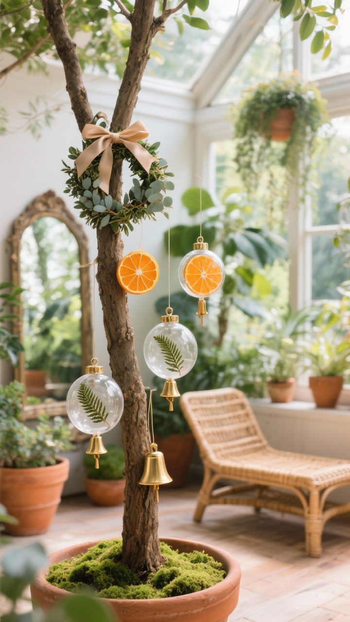 Detail shot of tree in sunroom: Botanical conservatory feel with terracotta pots, antiqued mirrors, and a rattan chaise blurred behind lush plants. Ornaments include dried orange slices, eucalyptus mini-wreaths tied with silk ribbon, and clear baubles stuffed with pressed fern fronds; small soft brass bells on ribbon tails. Palette of moss, sage, and amber; bright, natural daylight filtered through foliage.
