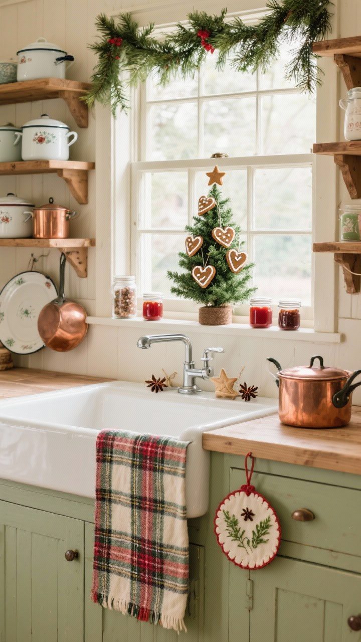 Kitchen detail vignette: Cottagecore kitchen with open wood shelves, vintage enamelware, farmhouse sink, and a plaid runner leading to a pine bough swag over the window. Garland and small tree decorated with gingerbread cookie hearts, tiny jam-jar ornaments filled with star anise, and embroidered hoop ornaments stitched with little herbs. Cream, pine green, and berry red palette; copper pots gleam softly; cozy natural daylight.