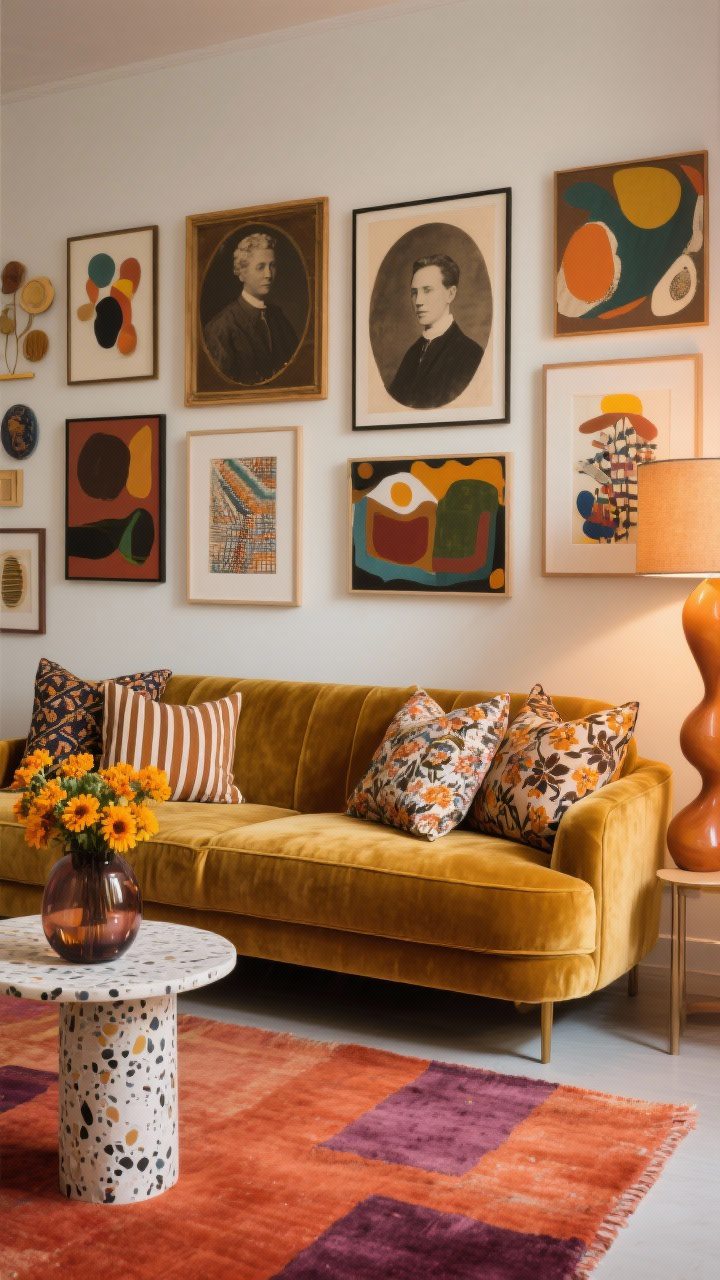 Medium, Artful Amber Eclectic sofa wall: golden-amber velvet sofa centered beneath a curated gallery of abstracts, vintage portraits, and quirky art; rug in paprika and plum tones grounding the scene; terrazzo side table with a smoked glass vase of marigolds; mix of patterned pillows (ikat, stripe, micro-floral) and a sculptural floor lamp; warm amber glow.
