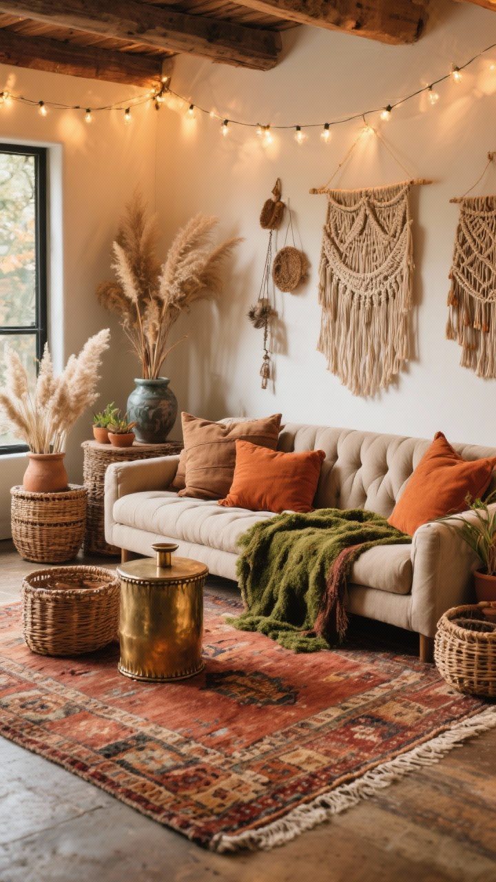 Medium, Boho Autumn Sanctuary seating zone: low tufted floor sofa or slipcovered sectional piled with mudcloth pillows, terracotta cushions, and a moss throw; vintage, faded kilim rug in rust and clay hues; rattan baskets, macramé wall hangings, mismatched ceramic planters with dried pampas; twinkly string lights overhead and a hammered brass drum side table; earthy, collected feel.
