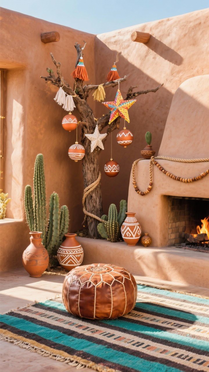 Medium corner shot: Southwestern desert sparkle with clay-toned walls, striped kilim rug, low leather pouf near a kiva-style fireplace; cacti and handmade pottery add sculptural texture. Tree adorned with mini piñata star ornaments fringed in crepe paper, terracotta-painted baubles with white tribal motifs, and lasso-like rope loops with natural wood beads. Colors of adobe, turquoise, and sunlit gold; warm, sun-kissed light and hearth glow.