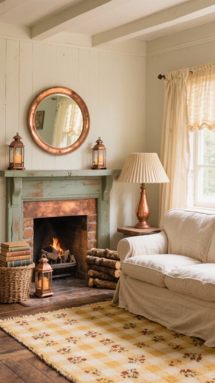 Medium, Cottage Copper Glow fireplace vignette: slipcovered loveseat in natural linen facing a painted wood fireplace with a copper mirror above; gingham or tiny floral rug in butter and rust; copper lanterns on the hearth, stack of worn books, woven log basket; pleated lampshade and cafe curtains in soft cream filtering warm light; storybook-cozy mood.