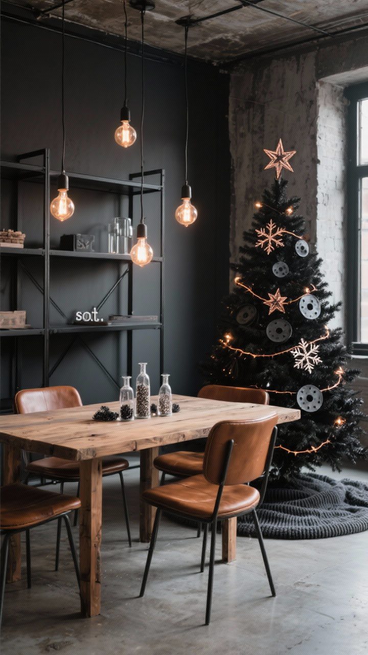 Medium dining area angle: Urban industrial space with concrete floors, black steel shelving, caramel leather chairs, and Edison bulbs dangling over a reclaimed wood dining table. Christmas tree styled with matte-black spray-painted metal washer snowflakes, copper-wire stars, and tiny glass vials filled with faux ash and glitter “soot.” Warm, minimal tree lights; charcoal knit tree skirt; moody, gritty vibe with warm highlights.