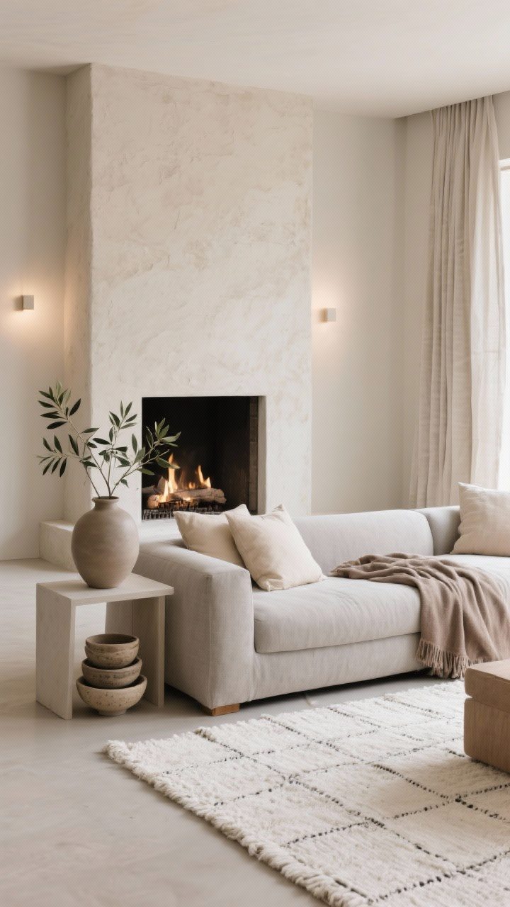 Medium, Fireside Neutral Serenity: greige sectional facing a plaster-look fireplace, hand-loomed ivory rug; beige-on-beige pillows, taupe throw, linen drapes; matte ceramic vase with olive branches on a simple side table; soft uplighting and a small stack of stoneware bowls; spa-like calm, minimal color.
