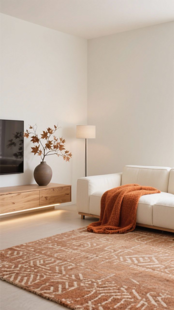 Medium, Modern Maple Minimalist corner: cream modular sofa beside a maple wood low-profile media console, palette of ecru, camel, and soft rust; flatweave rug with subtle geometric pattern, one oversized burnt-orange wool throw, single matte ceramic vase holding dried maple branches; hidden strip lighting under the console and a slim floor lamp for airy warmth; clean lines, uncluttered.