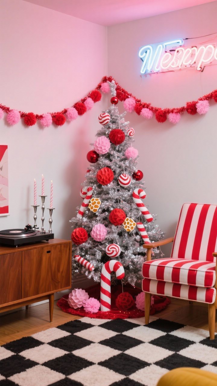 Medium shot of den corner: Retro peppermint pop style featuring a silver tinsel tree near a checkerboard rug and low walnut credenza with a record player spinning holiday vinyl; soft neon signs glow above a candy-striped armchair. Tree showcases paper honeycomb balls, hand-painted clay candy canes in cherry red, and bubblegum-pink pom-pom garlands. Glossy red tree collar and chrome candleholders add sparkle; vibrant, playful lighting.