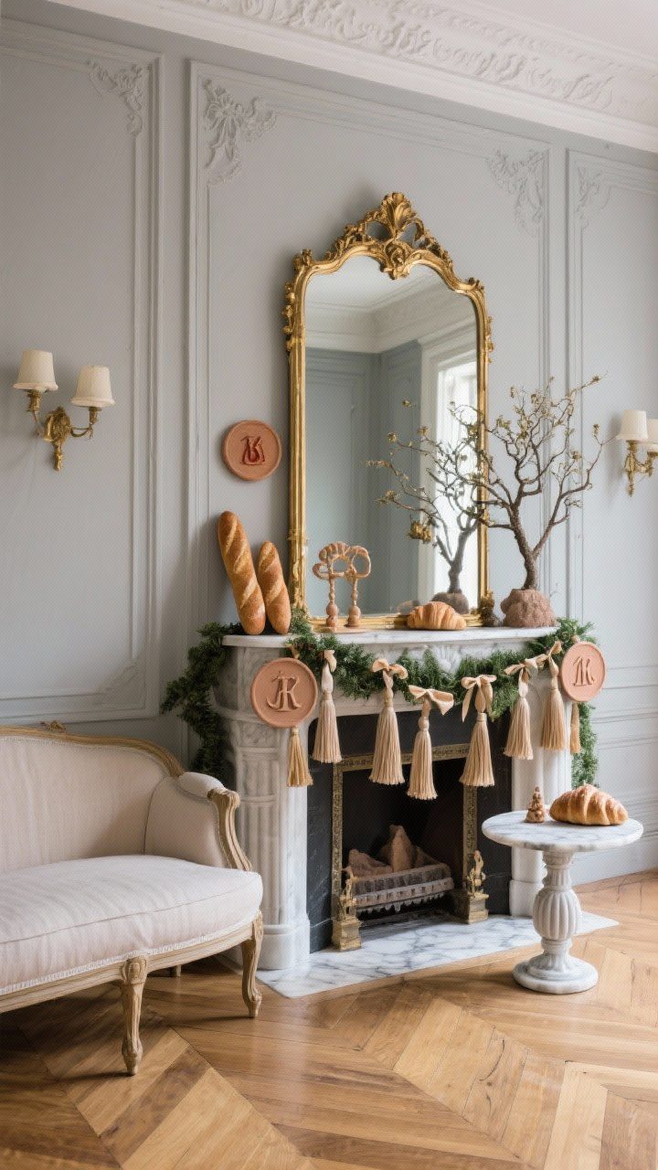 Medium shot of elegant mantel area: Parisian apartment chic with herringbone floors, a gilt mirror over a mantle, linen settee with fluted legs, soft sconces, and a marble-topped side table. Tree and garland display silk ribbon tassels, monogrammed clay medallions pressed with a wax-seal stamp, and miniature baguette and croissant ornaments sculpted from air-dry clay. Palette of dove gray, antique gold, and café au lait; soft, refined lighting.