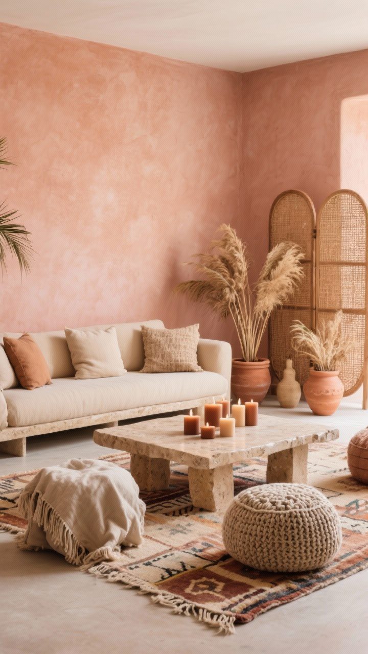Medium, Terra-Cotta Textural Dream seating area: soft terracotta blush walls, sand-colored sectional, low travertine coffee table; Berber-style rug, raw-edge linen pillows, knitted poufs; terracotta pots with dried palms, woven room divider, candle clusters in caramel and almond tones; calm, grounded, texture-forward mood.