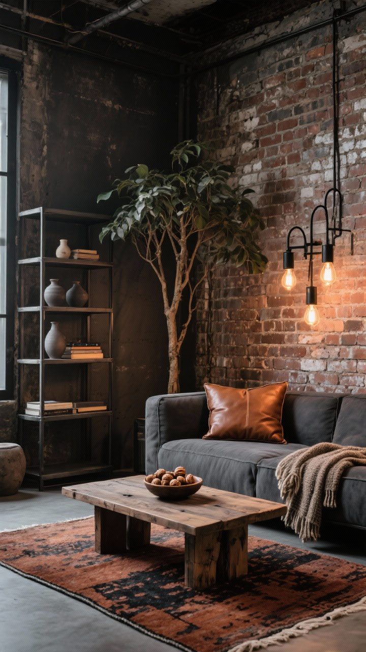 Medium, Urban Industrial Ember loft corner: exposed brick backdrop, smoky charcoal sectional, reclaimed wood coffee table; black metal sconces and Edison bulbs casting ember-like glow; rust-and-ink rug, cognac leather pillows, wool throw; tall ficus by a steel bookshelf styled with pottery and a bowl of walnuts; gritty-warm industrial mood.