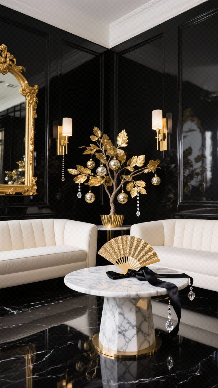 Medium-wide glam living area: Black-tie Art Deco style with glossy black walls, a curved cream sofa, marble pedestal table, geometric sconces, and a gold-framed mirror. Tree dressed in gold leaf glass balls, fan-shaped cardstock ornaments edged in glitter, and black satin ribbon drops with crystal beads. Strict palette of ivory, onyx, and metallic gold; crisp, dramatic lighting with reflective highlights.