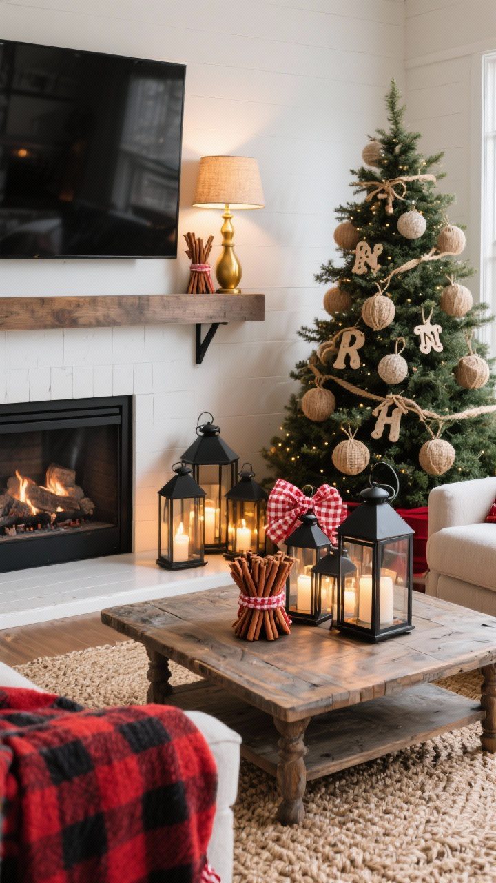 Medium-wide living room view: Modern farmhouse hearth with a chunky jute rug, oversized plaid throws, and a weathered oak coffee table; black metal lantern cluster glowing warmly in a corner. Christmas tree dressed with burlap-wrapped balls tied with twine, cinnamon-stick bundles with red gingham ribbon, and salt-dough initial ornaments for each family member. Accents in barn red and matte black; cozy, golden lamp and lantern light.