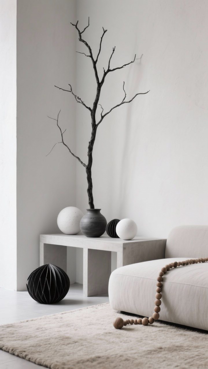 Minimalist closeup: Monochrome Zen detail of a slim tree beside pale plaster walls and a low-profile sofa; a sculptural branch sits in a ceramic vase on a simple console. Ornaments include matte white clay spheres, black folded geometric paper spheres, and raw wooden bead strands knotted simply. Two-tone black and white with a soft beige rug; diffuse, tranquil light and clean negative space.