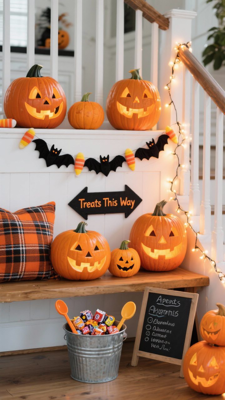 Photorealistic closeup/detail shot at child-height of a cheerful trick-or-treat station: smiling jack-o’-lanterns in various sizes glowing warmly, a garland of felt bats and candy corn across the lower frame, a galvanized tub filled with wrapped candies and scoops, a small chalkboard sign with allergen notes, warm fairy lights wrapped around railings softly illuminating a “Treats This Way” arrow sign on a bench with plaid pillows; color story of pumpkin orange, crisp white, and friendly black.