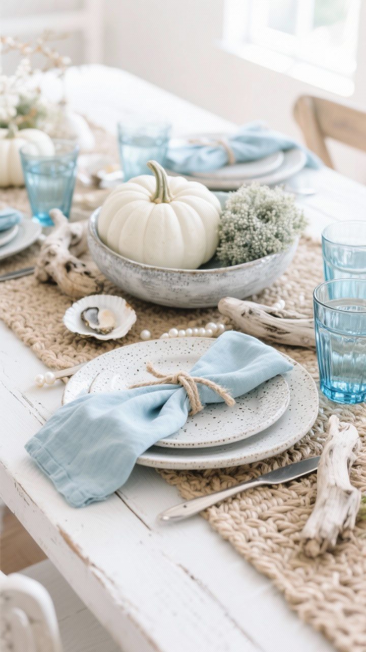 Photorealistic closeup/detail shot of a coastal harvest calm place setting. A loosely woven runner on a whitewashed/light wood table, speckled stoneware plates, soft blue linen napkins tied with thin rope. Pearlized shells and driftwood accents artfully arranged. A low bowl in the background with white pumpkins, silver brunia, and dusty miller; clear blue-tinted water glasses nearby. Palette: seafoam, sand, driftwood, oyster white. Bright, airy natural light for a serene coastal feel.