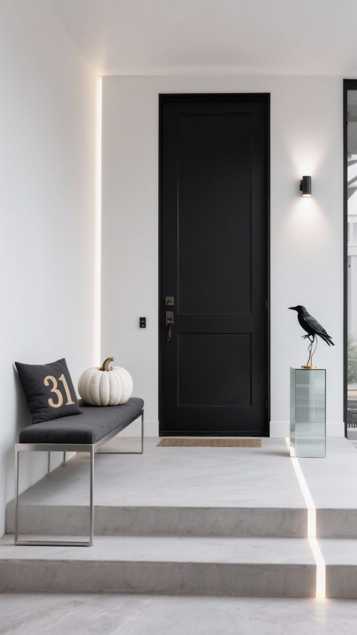 Photorealistic closeup/detail shot of a minimalist modern haunted entry, straight-on: matte-black door with ultra-clean lines, a single oversized white pumpkin on each step, a slim metal bench with a charcoal cushion and a crisp “31” pillow, cool white sconces dimmed low and a single linear light washing along the walkway, a sculptural black crow on a pedestal near the entry; strict palette of black, white, and one accent (subtle brass or smoked glass), sleek and restrained.