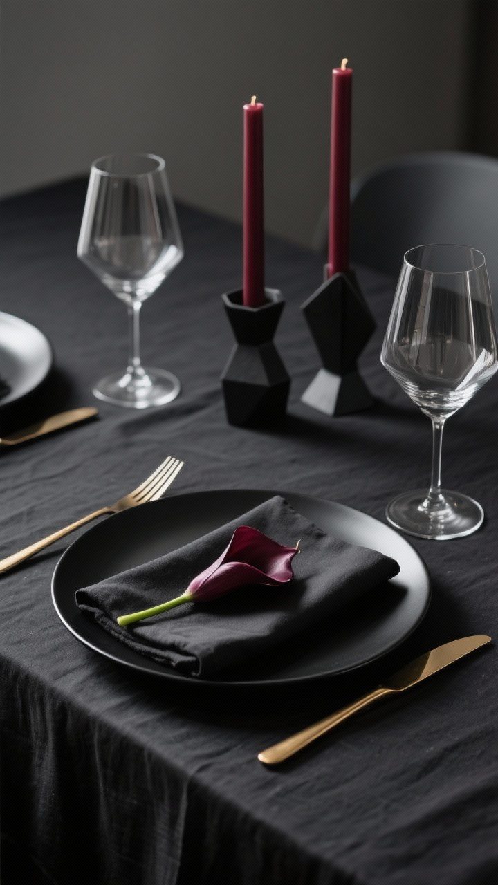 Photorealistic closeup/detail shot of a modern moody minimalist place setting. Black linen tablecloth, matte black plates, slim brushed brass flatware, a crisp folded napkin with a single dark burgundy calla lily tucked in. In the background, tall taper candles in black or oxblood holders add sculptural height; clear angular wine glasses catch a cool reflection. Color palette: charcoal, black, deep merlot. Dramatic, low, directional lighting with soft shadows; shot straight-on at plate level for editorial sleekness.