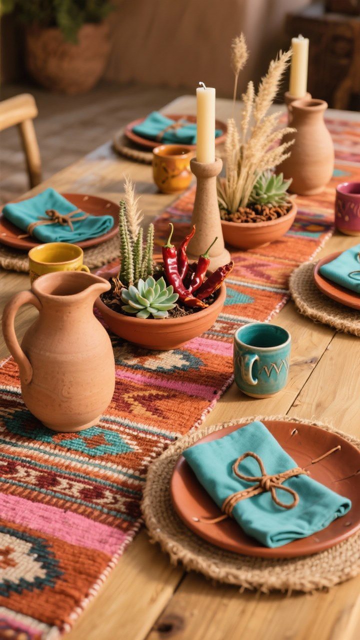 Photorealistic detail/angle shot highlighting Southwestern warmth along the table center. A woven kilim runner in terracotta, adobe pink, rust, and turquoise tones. Terracotta plates on leather or jute chargers, turquoise napkins tied with a leather cord. Low clay bowls filled with succulents, dried chili peppers, and pampas grass as the centerpiece; sand-colored tapers in clay holders. Ceramic pitchers and colorful stoneware mugs visible. Earthy, golden-hour lighting to emphasize texture and warmth. Shot from a low corner perspective.